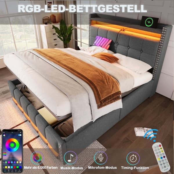 Linnedseng med opbevaringsrum, 160 x 200 cm - med LED og USB-stik - med lamelramme - grå