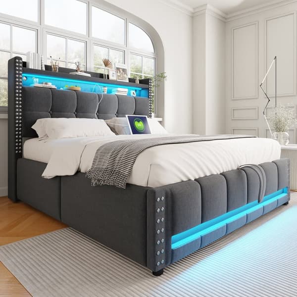Linnedseng med opbevaringsrum, 160 x 200 cm - med LED og USB-stik - med lamelramme - grå