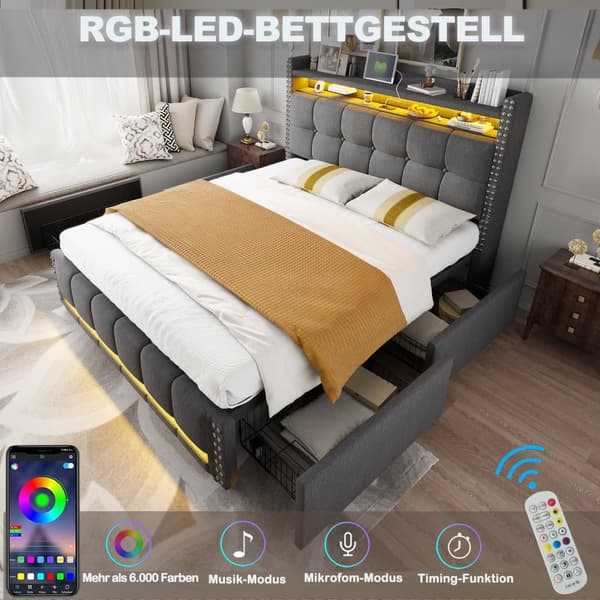 Dobbeltseng 160x200 cm i hørstof, med LED-belysning, USB-stik, opbevaringsrum med 4 skuffer og hylder i sengegavl, grå