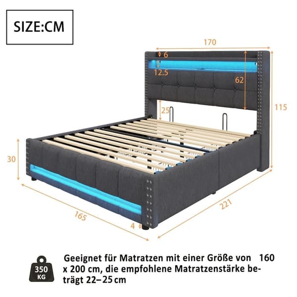 Dobbeltseng 160x200 cm i hørstof, med LED-belysning, USB-stik, opbevaringsrum med 4 skuffer og hylder i sengegavl, grå