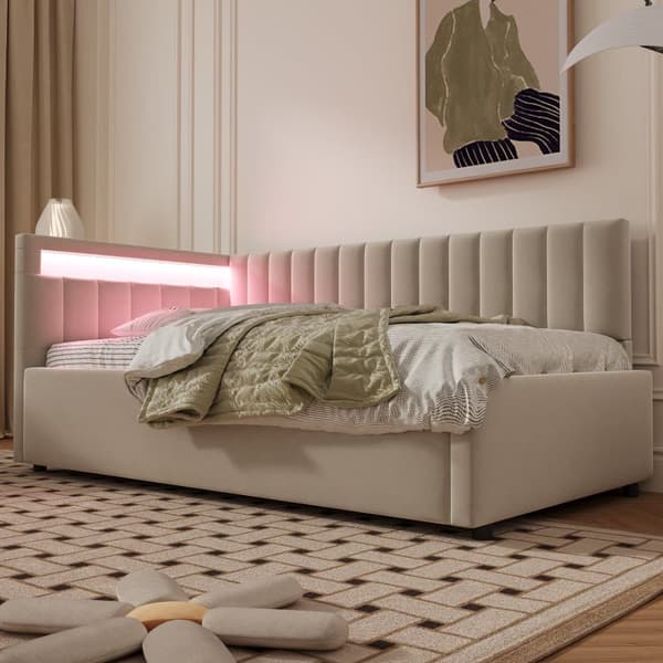 Seng med opbevaring 90x200 cm med LED-belysning – Velour stof – Beige