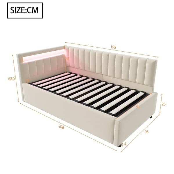 Seng med opbevaring 90x200 cm med LED-belysning – Velour stof – Beige