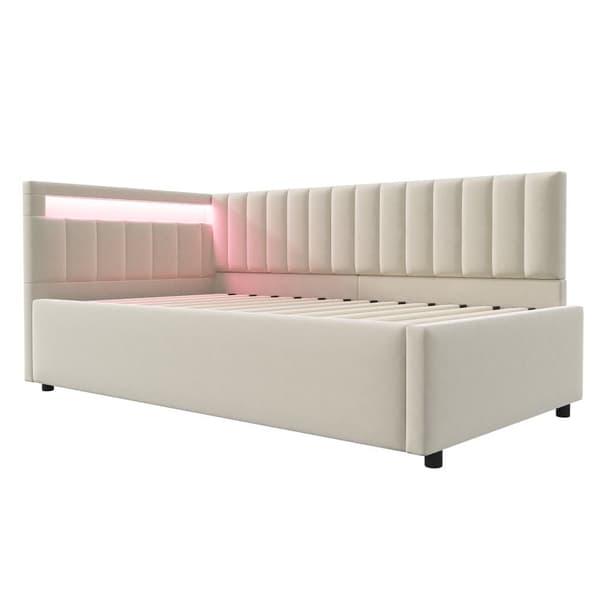 Seng med opbevaring 90x200 cm med LED-belysning – Velour stof – Beige
