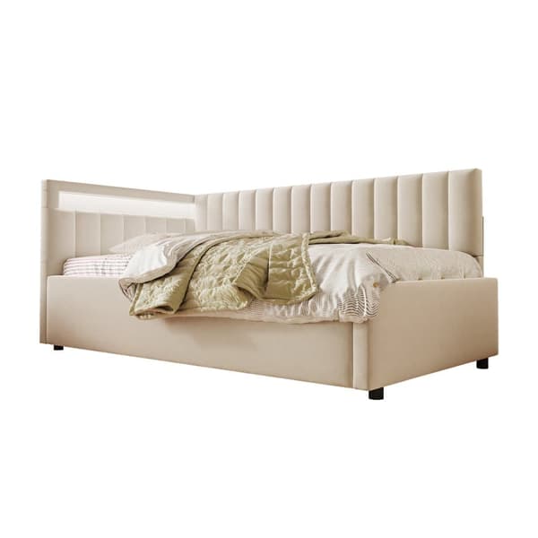 Seng med opbevaring 90x200 cm med LED-belysning – Velour stof – Beige