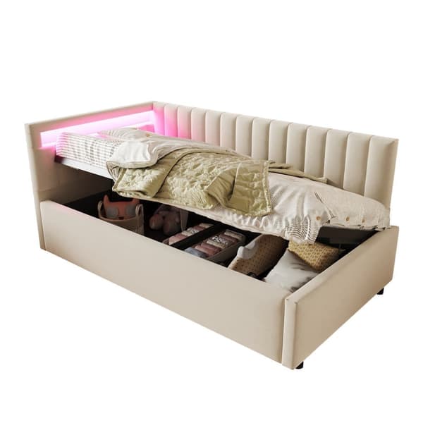Seng med opbevaring 90x200 cm med LED-belysning – Velour stof – Beige