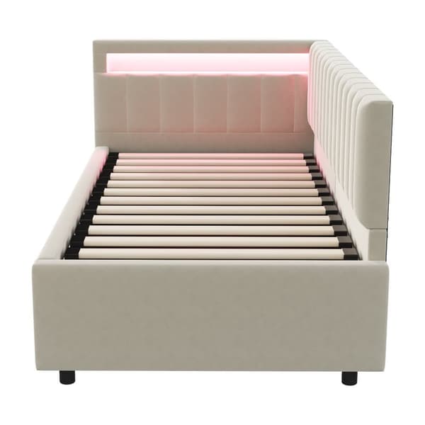 Seng med opbevaring 90x200 cm med LED-belysning – Velour stof – Beige