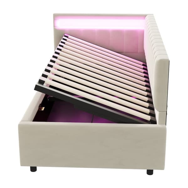 Seng med opbevaring 90x200 cm med LED-belysning – Velour stof – Beige