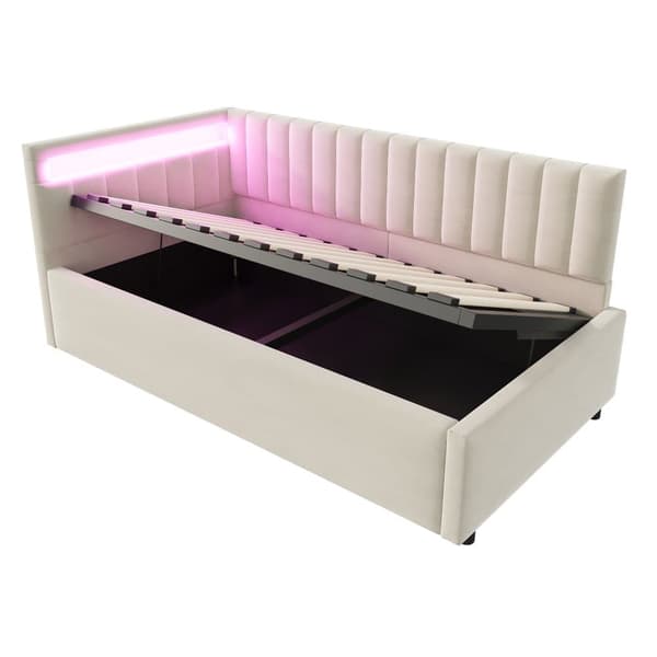 Seng med opbevaring 90x200 cm med LED-belysning – Velour stof – Beige