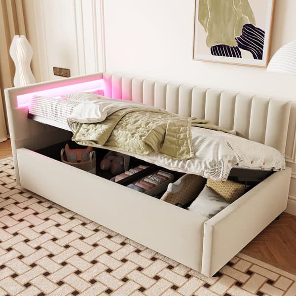 Seng med opbevaring 90x200 cm med LED-belysning – Velour stof – Beige