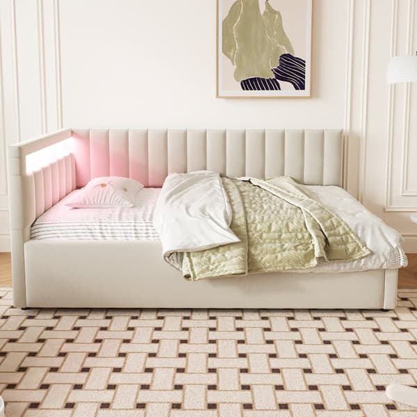 Seng med opbevaring 90x200 cm med LED-belysning – Velour stof – Beige