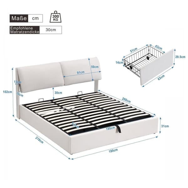 Fløjlsseng med opbevaringsplads - 180 x 200 cm - med 3 skuffer - Hvid (uden madras)