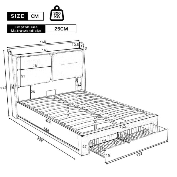 Fløjlsseng med opbevaringsplads - 160 x 200 cm - 2 skuffer ved fodenden af sengen - LED-lysbånd indstøbt ved fodenden af sengen - Grå