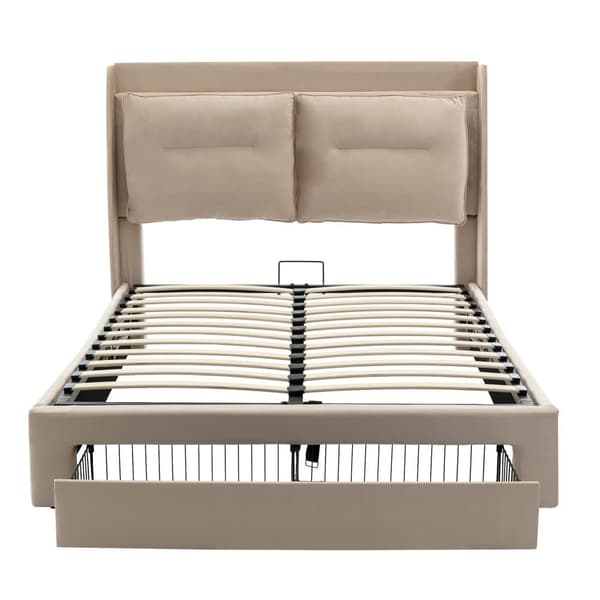 Fløjlsseng med opbevaringsplads - 160 x 200 cm - 2 skuffer ved fodenden af sengen - LED-lysstrimmel indlejret i fodenden af sengen - Beige