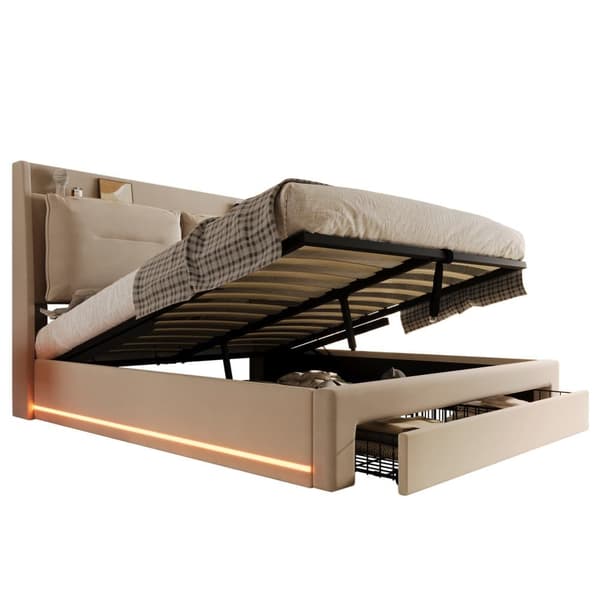 Fløjlsseng med opbevaringsplads - 160 x 200 cm - 2 skuffer ved fodenden af sengen - LED-lysstrimmel indlejret i fodenden af sengen - Beige