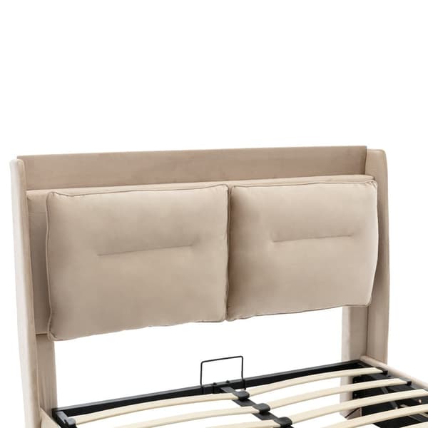 Fløjlsseng med opbevaringsplads - 160 x 200 cm - 2 skuffer ved fodenden af sengen - LED-lysstrimmel indlejret i fodenden af sengen - Beige