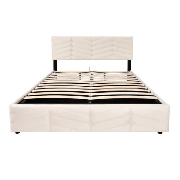 Fløjlsseng med opbevaringsplads og lamelramme + justerbar hovedgærde - 140 x 200 cm - beige