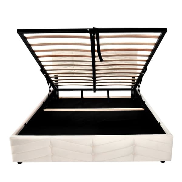 Fløjlsseng med opbevaringsplads og lamelramme + justerbar hovedgærde - 140 x 200 cm - beige