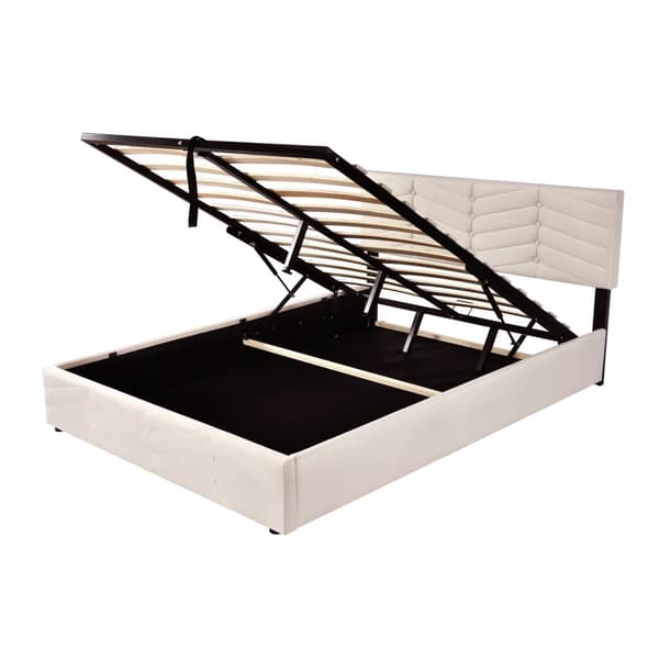 Fløjlsseng med opbevaringsplads og lamelramme + justerbar hovedgærde - 140 x 200 cm - beige
