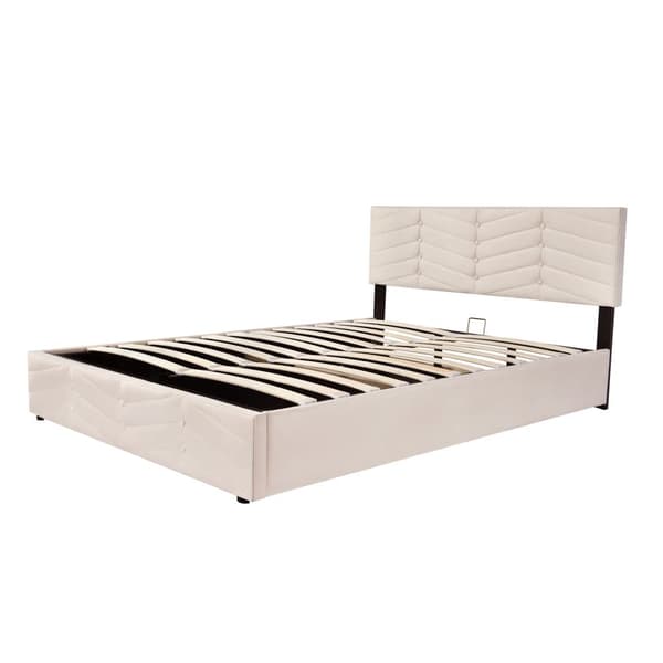 Fløjlsseng med opbevaringsplads og lamelramme + justerbar hovedgærde - 140 x 200 cm - beige