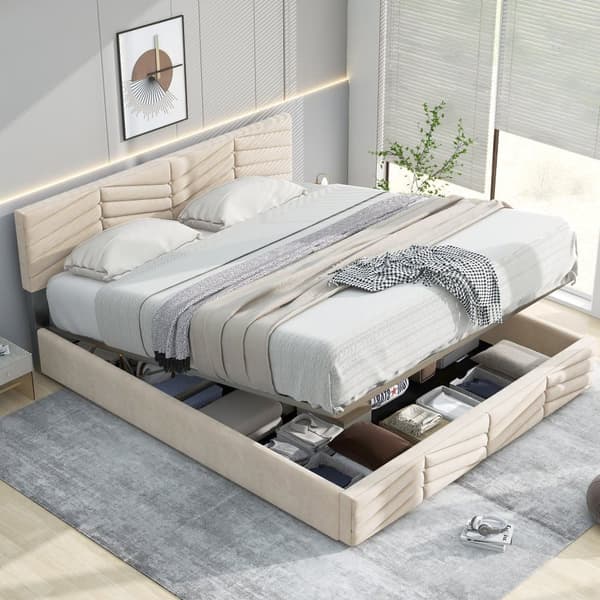 Fløjlsseng med opbevaringsplads og lamelramme + justerbar hovedgærde - 140 x 200 cm - beige