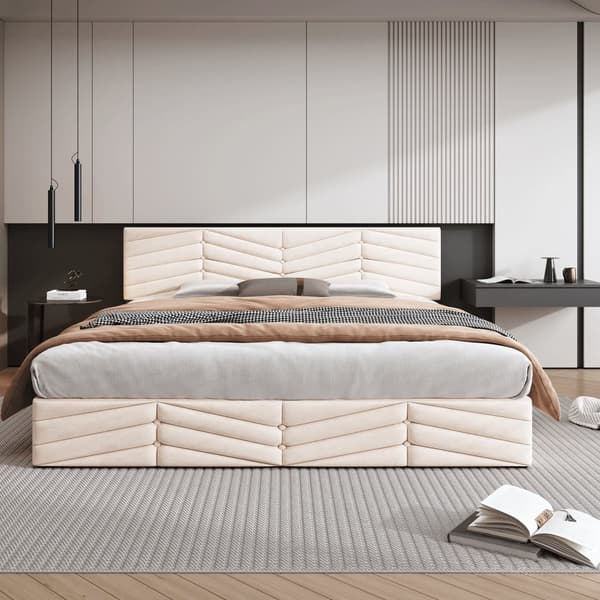 Fløjlsseng med opbevaringsplads og lamelramme + justerbar sengegavl - 180 x 200 cm - beige