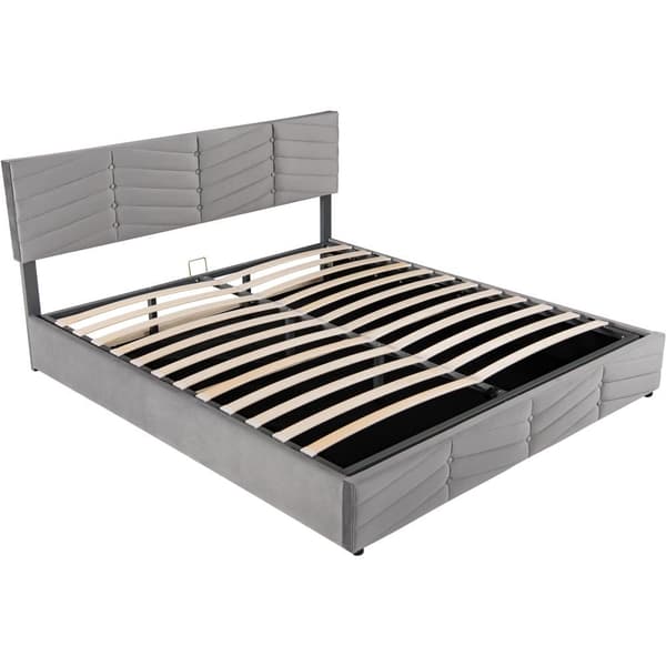 Fløjlsseng med opbevaringsplads og lamelramme + justerbar sengegavl - 180 x 200 cm - grå