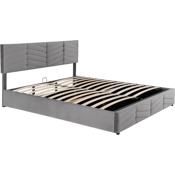 Fløjlsseng med opbevaringsplads og lamelramme + justerbar sengegavl - 180 x 200 cm - grå