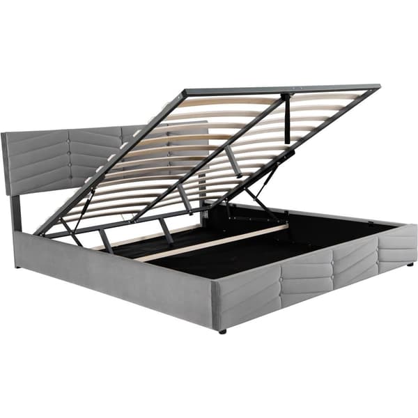 Fløjlsseng med opbevaringsplads og lamelramme + justerbar sengegavl - 180 x 200 cm - grå