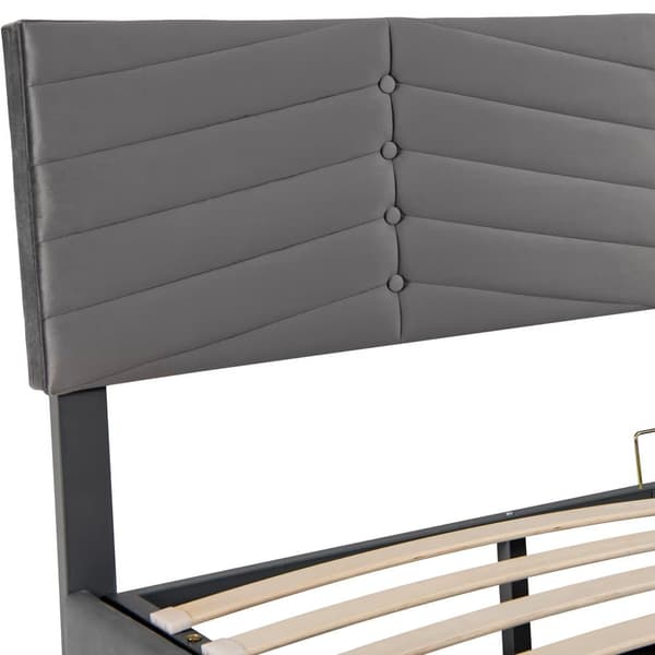 Fløjlsseng med opbevaringsplads og lamelramme + justerbar sengegavl - 180 x 200 cm - grå