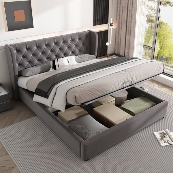 Seng med opbevaring 140x190 cm i velour med lamelbund - Grå