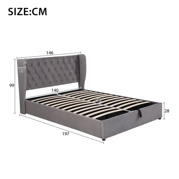 Seng med opbevaring 140x190 cm i velour med lamelbund - Grå