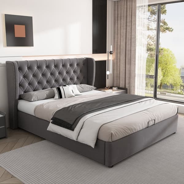 Seng med opbevaring 140x190 cm i velour med lamelbund - Grå