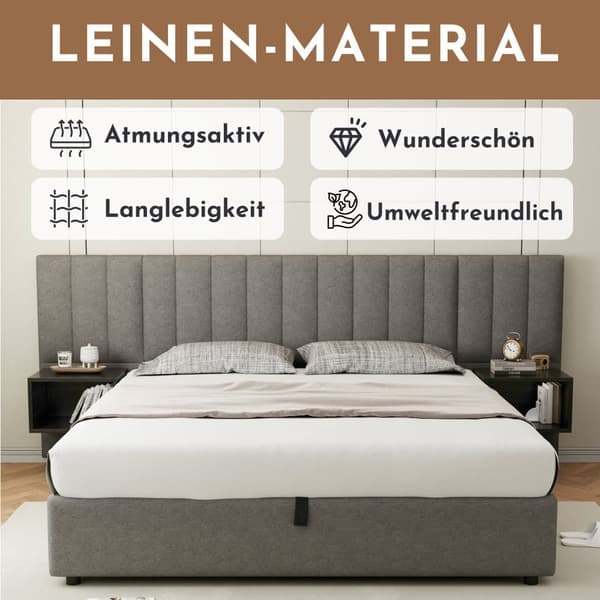 180 x 200 cm liinavaatteiden säilytyssänky - 2 yöpöytää ja sälerunko - harmaa