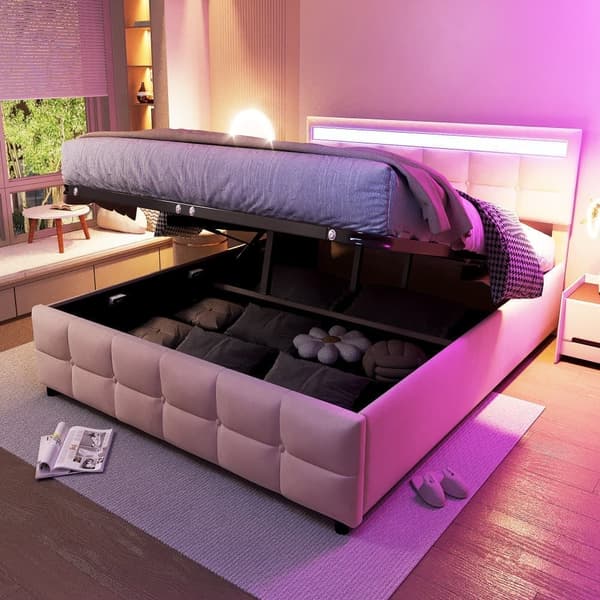 Seng med opbevaring 180x200 cm i velour – Med LED-belysning og lamelramme – Beige