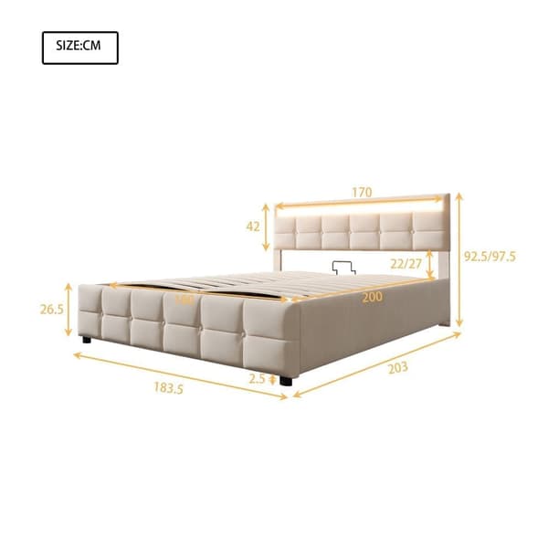 Seng med opbevaring 180x200 cm i velour – Med LED-belysning og lamelramme – Beige