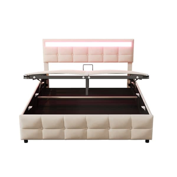 Seng med opbevaring 180x200 cm i velour – Med LED-belysning og lamelramme – Beige