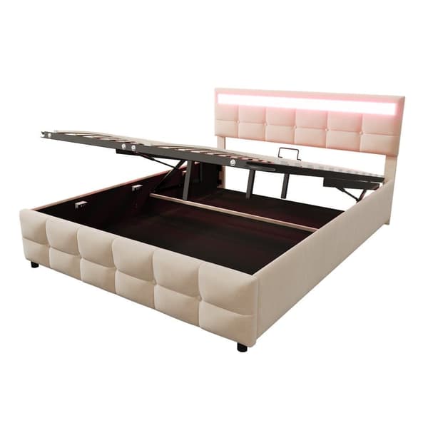 Seng med opbevaring 180x200 cm i velour – Med LED-belysning og lamelramme – Beige