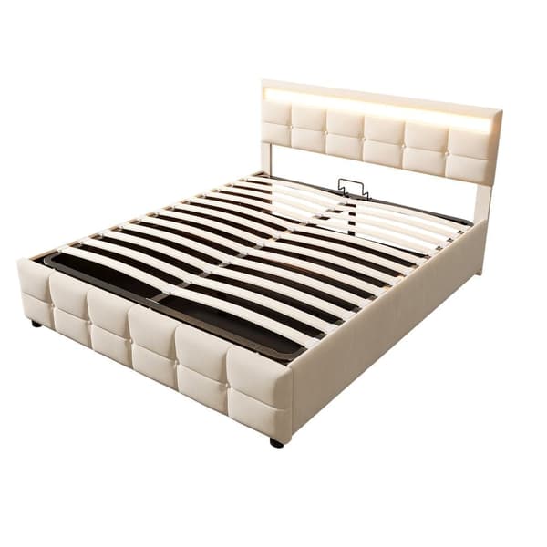 Seng med opbevaring 180x200 cm i velour – Med LED-belysning og lamelramme – Beige