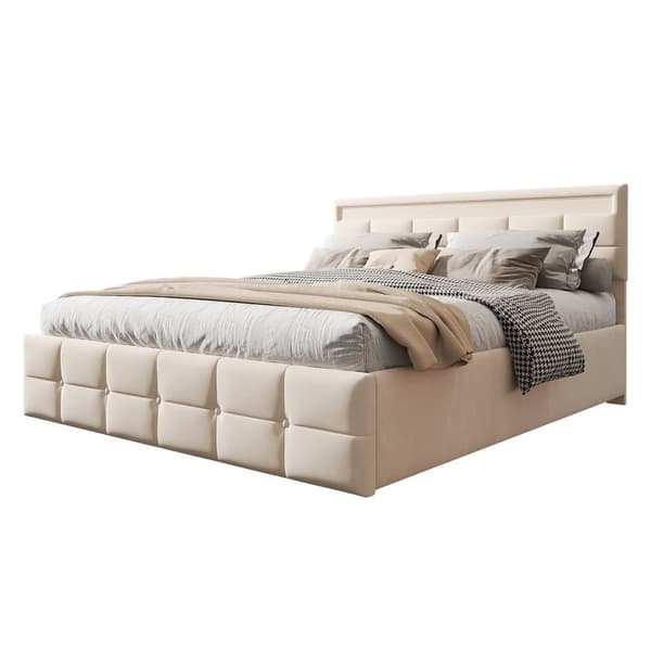 Seng med opbevaring 180x200 cm i velour – Med LED-belysning og lamelramme – Beige