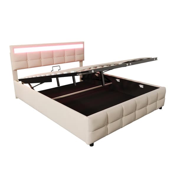 Seng med opbevaring 180x200 cm i velour – Med LED-belysning og lamelramme – Beige