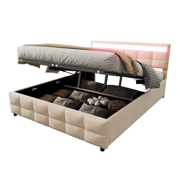 Seng med opbevaring 180x200 cm i velour – Med LED-belysning og lamelramme – Beige