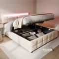 Miniatyrbillede 2 af 11: Seng med opbevaring 180x200 cm i velour – Med LED-belysning og lamelramme – Beige