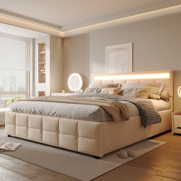 Seng med opbevaring 180x200 cm i velour – Med LED-belysning og lamelramme – Beige