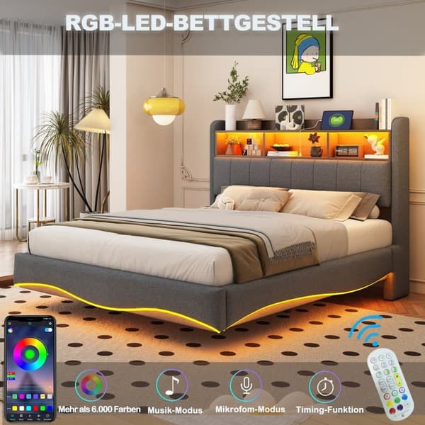 Parivuode 140x200 cm pellavakangasta – Sängynpääty säilytystilalla, LED-valaistuksella ja pistorasialla – Harmaa