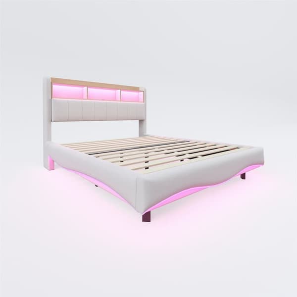 Dobbeltseng 140x200 cm i hørstof – Sengegavl med opbevaring, LED-belysning og stikkontakt – Beige