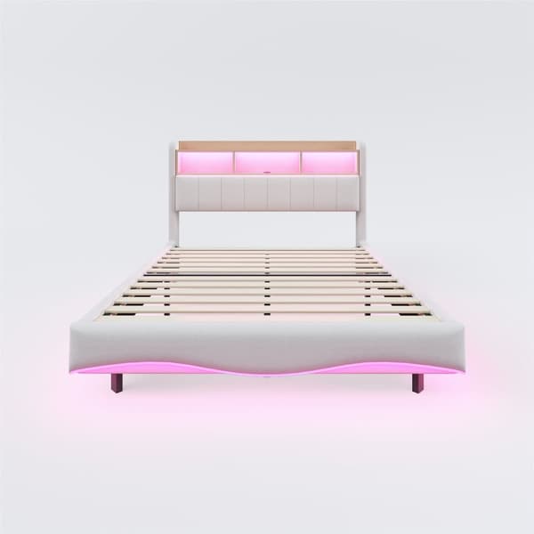 Dobbeltseng 140x200 cm i hørstof – Sengegavl med opbevaring, LED-belysning og stikkontakt – Beige