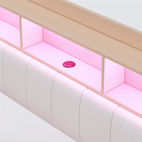 Dobbeltseng 140x200 cm i hørstof – Sengegavl med opbevaring, LED-belysning og stikkontakt – Beige