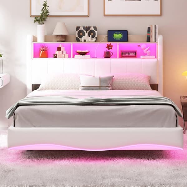 Dobbeltseng 140x200 cm i hørstof – Sengegavl med opbevaring, LED-belysning og stikkontakt – Beige