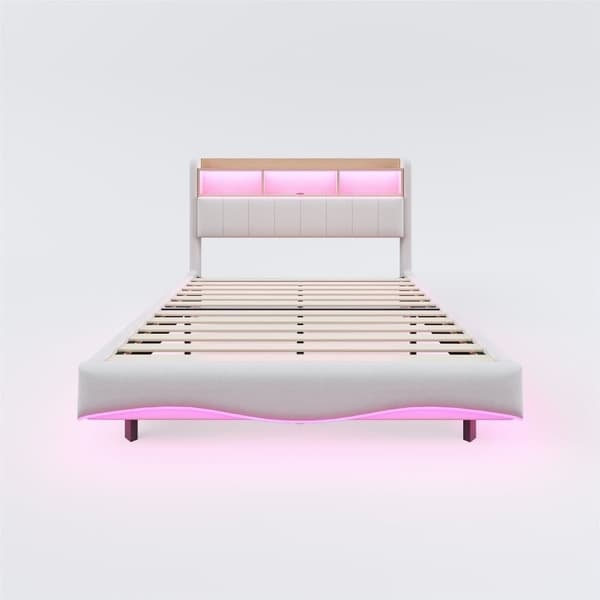 Aikuisten sänky 160 x 200 cm pellavakangasta - Sängynpääty säilytystilalla, LED ja pistorasia - Beige