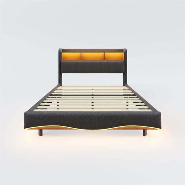 Aikuisten sänky 160 x 200 cm pellavakangasta – Sängynpääty säilytystilalla, LED ja pistorasia – Harmaa